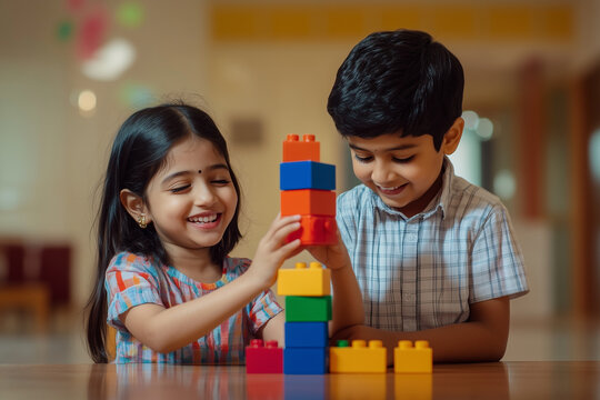 Two Asian Indian children, a girl and a boy, happily playing together while building a tower with colorful blocks in a well-lit room