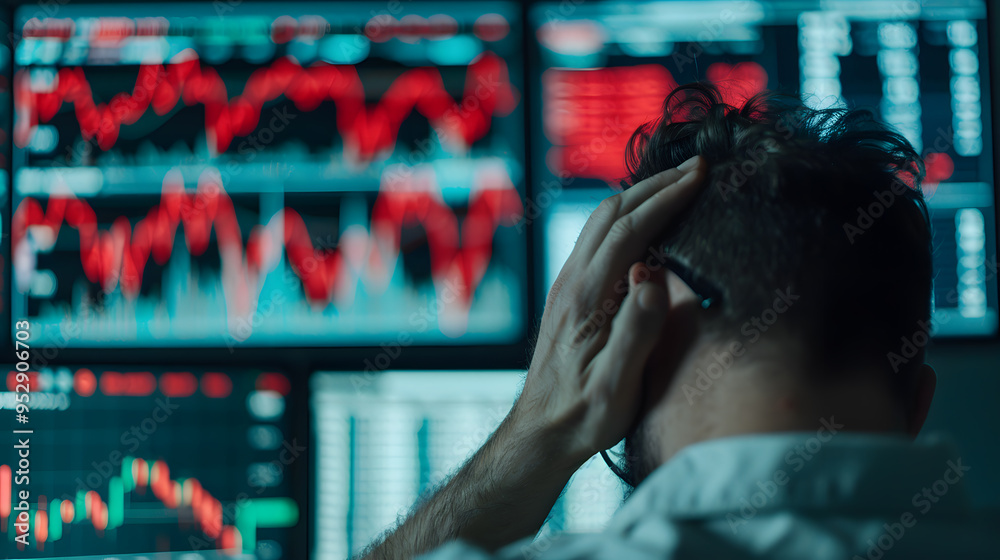 Aufkleber Stressed Investor Looking at Multiple Screens Displaying Stock Market Data | Financial Uncertainty and Market Volatility