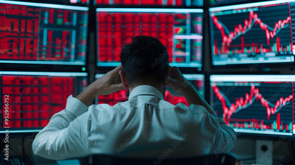 Poster stressed investor looking at multiple screens displaying stock market data | financial uncertainty a