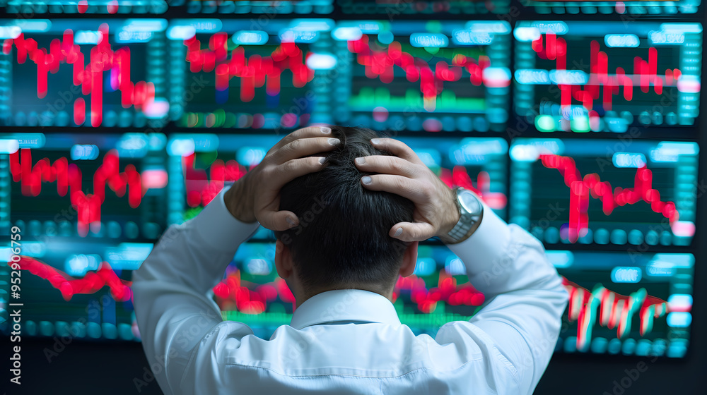 Poster stressed investor looking at multiple screens displaying stock market data | financial uncertainty a