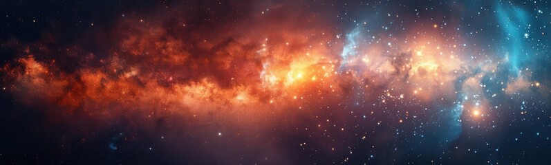 Fototapeta premium Starry sky with orange and blue stars and a bright orange nebula, banner, copy space