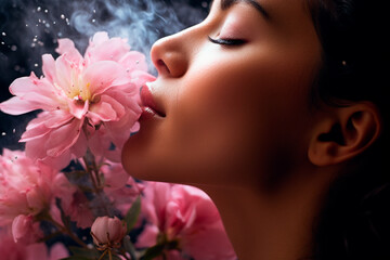 Naklejka premium Lovely lady amidst flowers, creating a soothing and feminine atmosphere with her presence
