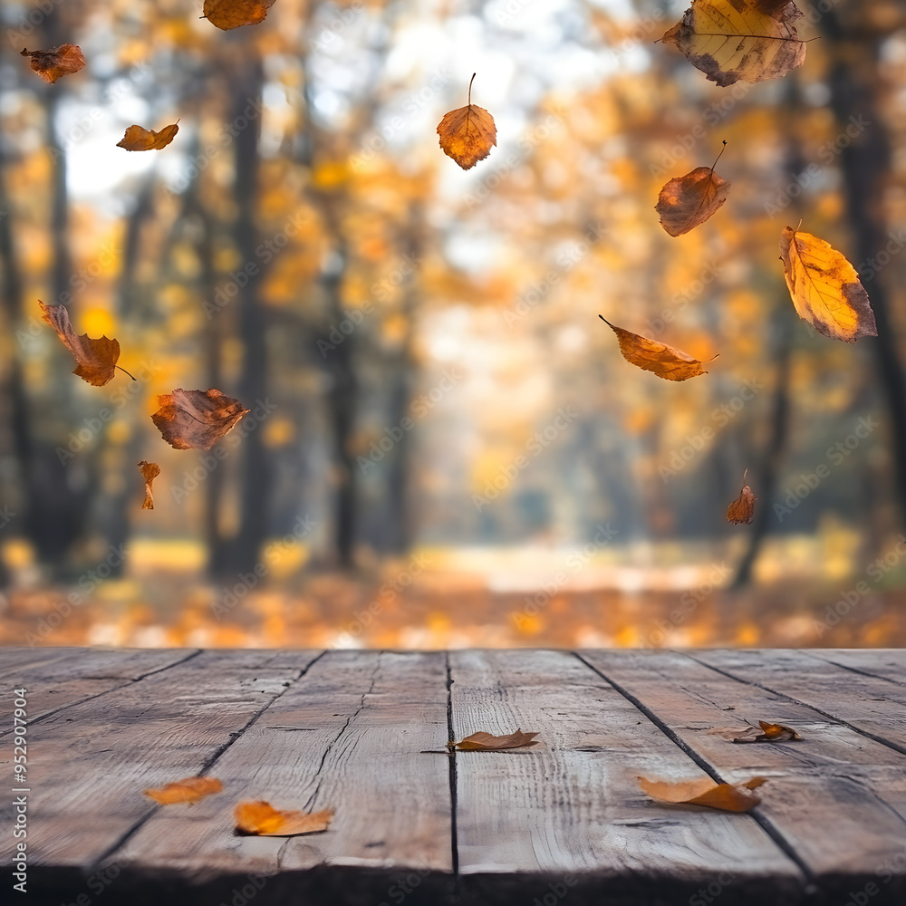 Wall mural wooden table top in autumn background of vibrant fall foliage