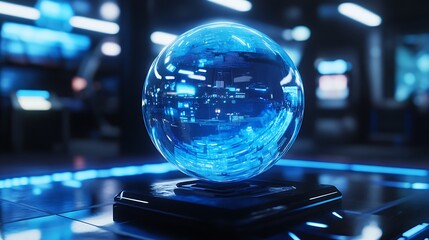 A Blue Transparent Sphere with Glowing Patterns Resting on a Black Platform in a Futuristic Setting