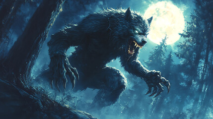 A large, scary wolf is running through the woods at night