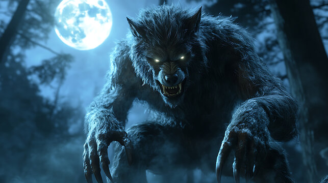 A large, glowing, wolf-like creature stands in the woods, looking at the camera