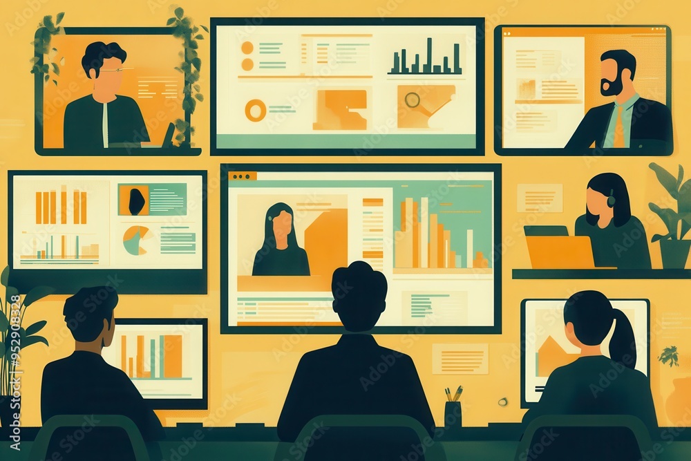 Aufkleber Several individuals focus on data presentations and video calls displayed on multiple screens in a collaborative work environment. Generative AI