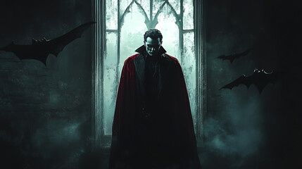 Naklejka premium A vampire is standing in front of a window with bats flying around him