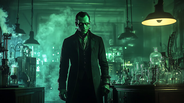 A man in a black suit stands in front of a green room with a green light above h