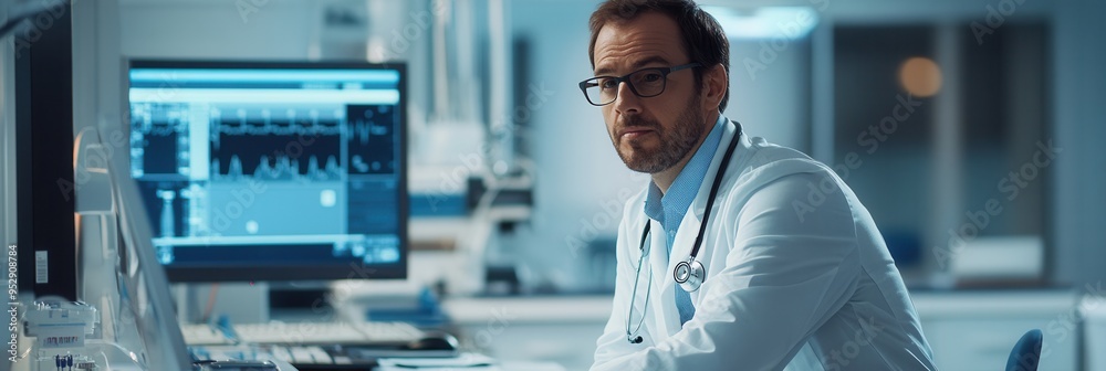 Aufkleber A doctor in a lab coat attentively listens to a patient using a stethoscope in a clean and modern clinical environment. Generative AI