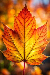 Obraz premium Vibrant autumn leaf glowing in sunlight against a blurred colorful background 