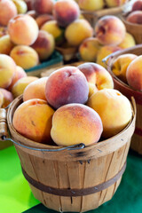 Baskets of yellow peaches for sale at a farmers market
