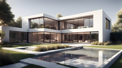 A large white house with a pool and a large glass window