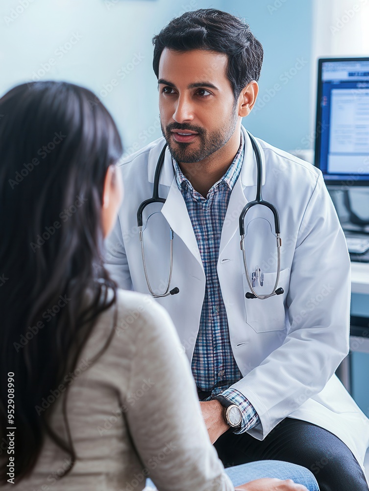 Poster a doctor in a lab coat is carefully examining a patient in a clean and modern clinic room while usin