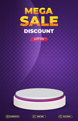 mega sale discount portait template banner with blank space 3d podium for social media post product sale with abstract gradient purple background design61