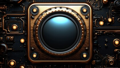 Steampunk-Inspired Circular Device with Glowing Buttons