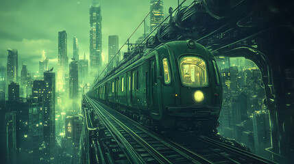 Obraz premium Futuristic cyberpunk train traveling through a neon green metropolis. Sci-fi urban cityscape with elevated railway. Dystopian megacity with glowing skyscrapers.