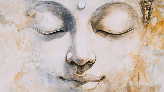 Close-up of a watercolor depiction of buddha's face, with gentle brushstrokes creating a peaceful expression amidst pale and ethereal colors. Ethereal. Illustration