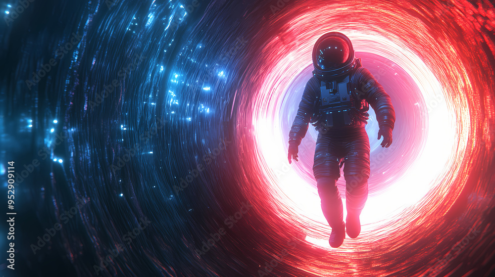 Wall mural exiting the void. a futuristic space astronaut exiting a glowing loop through time. conceptual 3d il