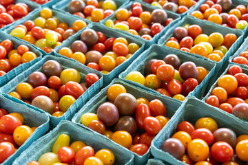 Multicolor small tomatoes in square basket at local farmer market