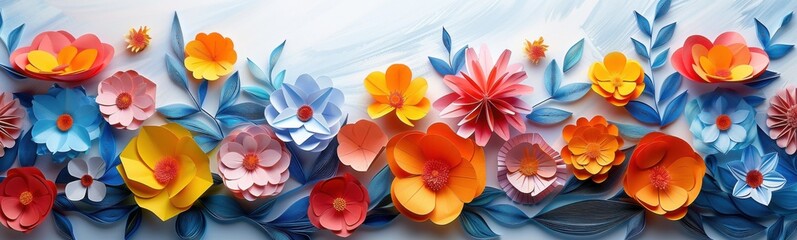 Brightly colored paper flowers are arranged on a white surface, banner