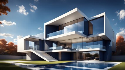 Fototapeta premium A large, modern house with a pool and a staircase leading up to the front door