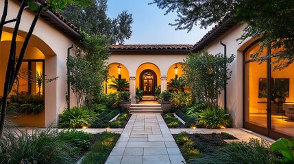 Stone Pathway Leading to a  Lighted  Entrance of a Mediterranean Home