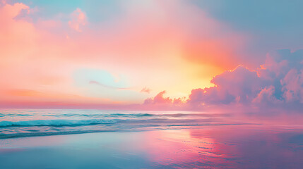 Fototapeta premium Sunset on the beach with color smoke blending into the sky a dreamlike fusion of natural and artificial beauty. Dreamlike. Illustration