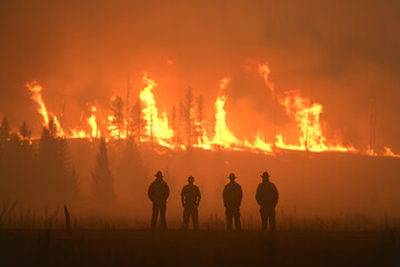 Fototapeta premium Watching a Wildfire | Dramatic Scene of Firefighters and Spectators Observing Nature's Fury