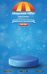 monsoon offer sale discount portait template banner with blank space 3d podium for social media post product sale with abstract gradient blue background design 18