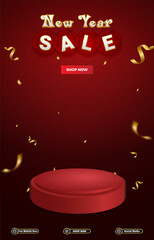 new year sale discount portait template banner with blank space 3d podium for social media post product sale with abstract gradient red background design 10