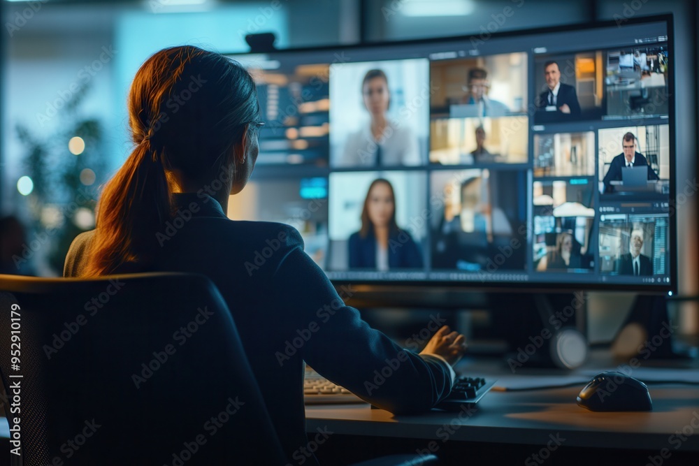 Poster a team of diverse individuals participates in a virtual meeting, collaborating through multiple comp