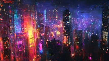 A Colorful, Abstract View of a Modern City at Night