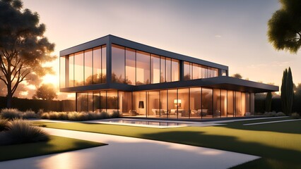 Obraz premium A large house with a pool and a lot of glass windows