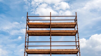 View of rusty construction scaffolding with wooden planks reaching up into a cloudy blue sky, symbolizing building, development, and construction.