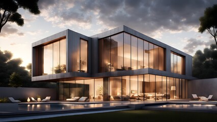 Fototapeta premium A large, modern house with a pool and a large glass window