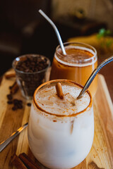 Horchata with cinnamon and coffee in a glass in Coffee Shop