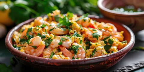 Scrambled eggs with shrimp and cilantro served for breakfast