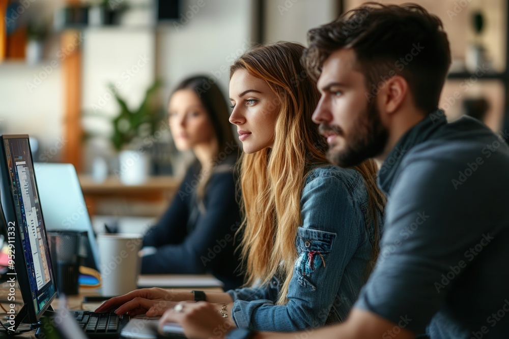 Aufkleber Three individuals are engaged in work, concentrating on their tasks in a contemporary office setting filled with greenery. Generative AI