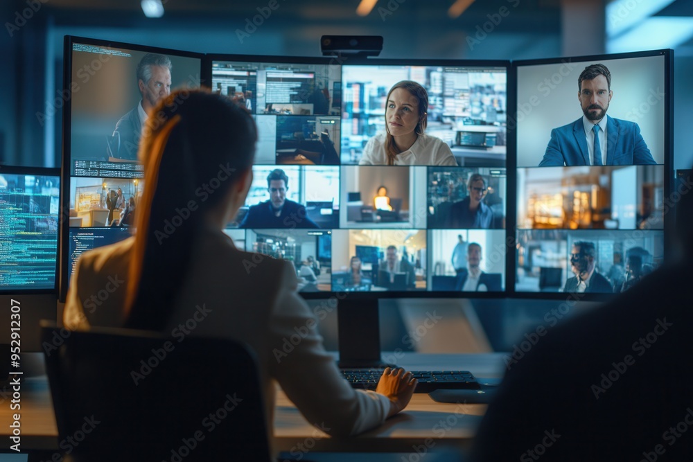 Poster People engage in a virtual collaboration session, viewing multiple meeting feeds on large screens in a modern workspace. Generative AI