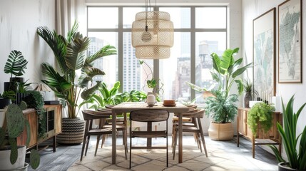 Urban Jungle Dining Room: Wooden Table, Plants, and City Views