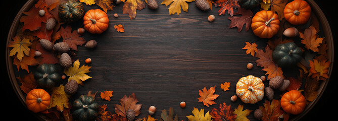 Thanksgiving fall autumn themed banner with leaves and pumpkins on dark wood panel table