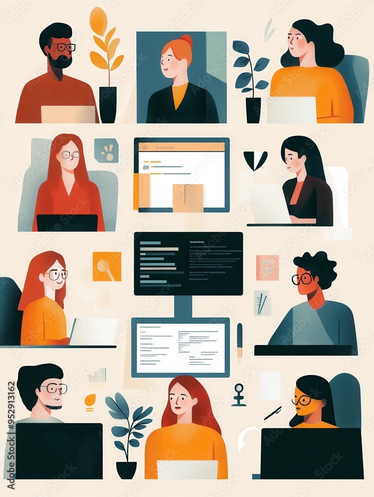 Poster a group of individuals works together at their desks, focused on various screens, reflecting a colla