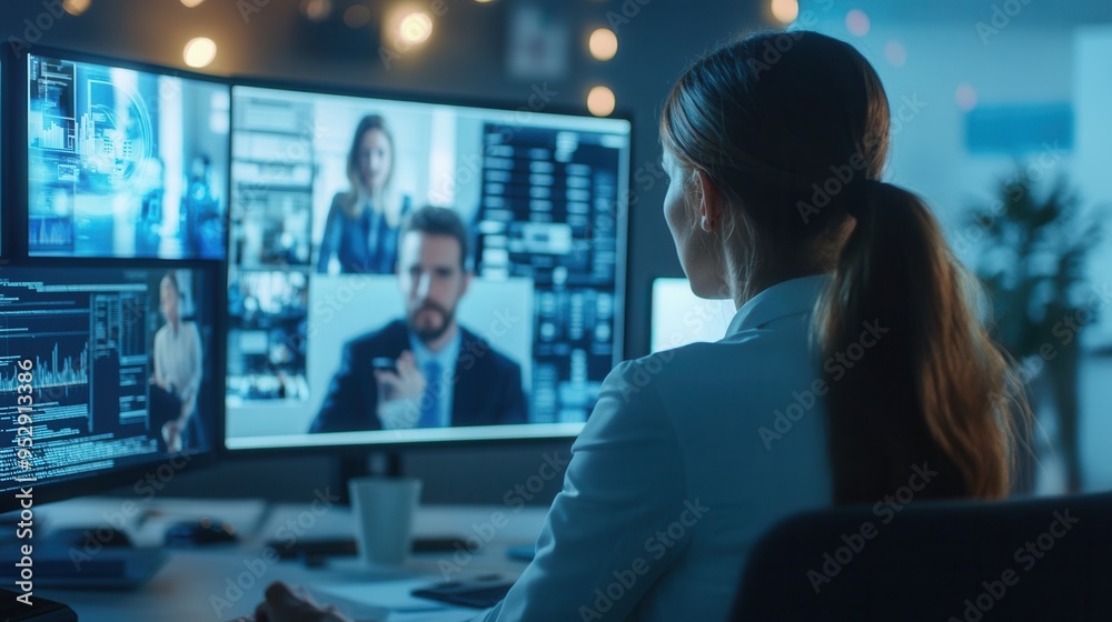 Poster a group of individuals engages in a video call, working together in a contemporary office space fill