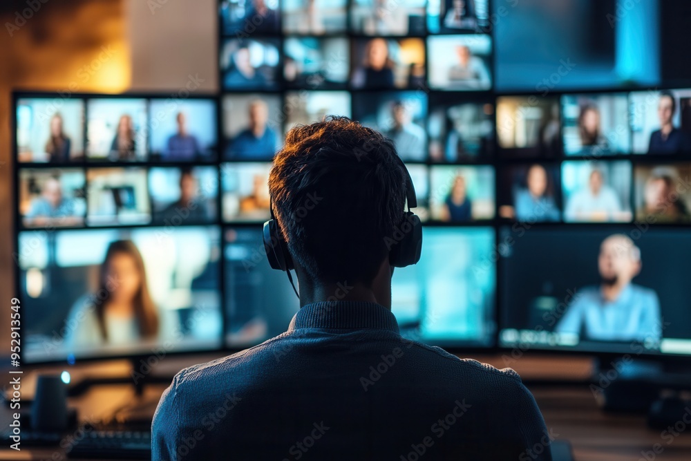 Poster a group of individuals appears on multiple computer screens as they actively participate in an onlin