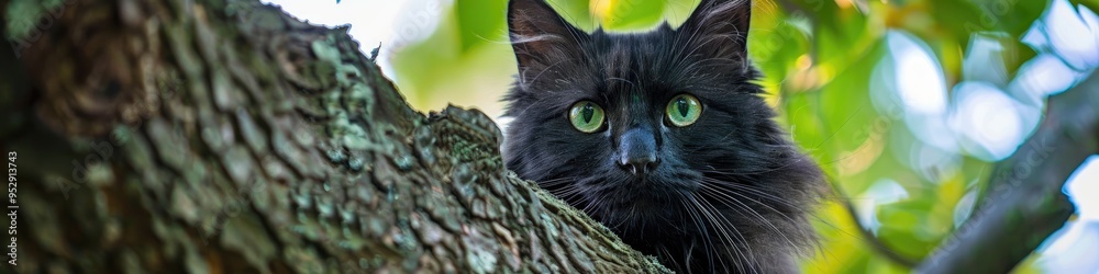 Poster Black cat with striking green eyes sitting on a branch