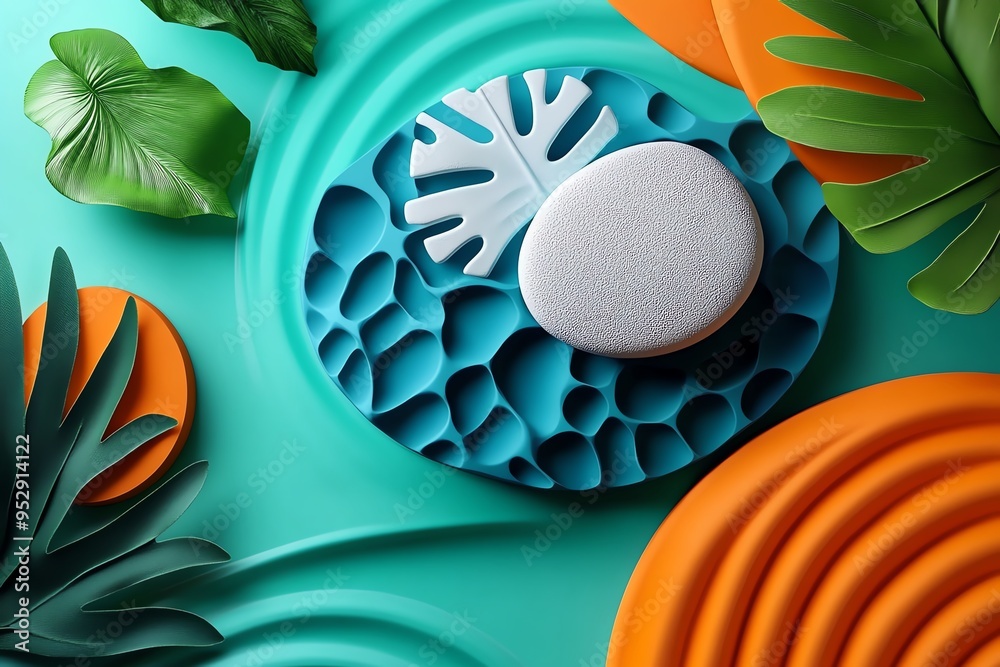 Poster Mint color abstract art with geometric patterns, illustrated in a scene where abstract art features geometric patterns in mint and pastel tones, creating a visually balanced and soothing composition