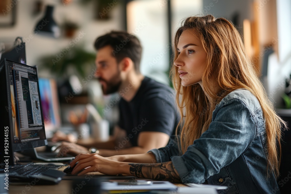 Aufkleber two people are focused on their screens in a modern workspace, deeply engaged in their tasks during 