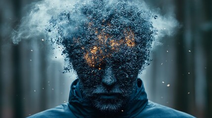 Mind on Fire: A surreal portrait of a man engulfed in smoldering, fragmented thoughts, conveying the intensity of mental overload and creative chaos. 