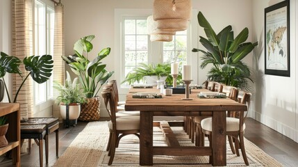 Fototapeta premium Natural Elegance Dining Room: Wooden Table, Plants, and Natural Light 